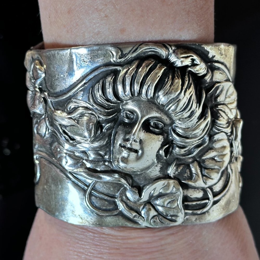 Gibson Girl Sterling Silver Art Nouveau Cuff Bracelet Victorian Antique Face 925 - Picture 5 of 7